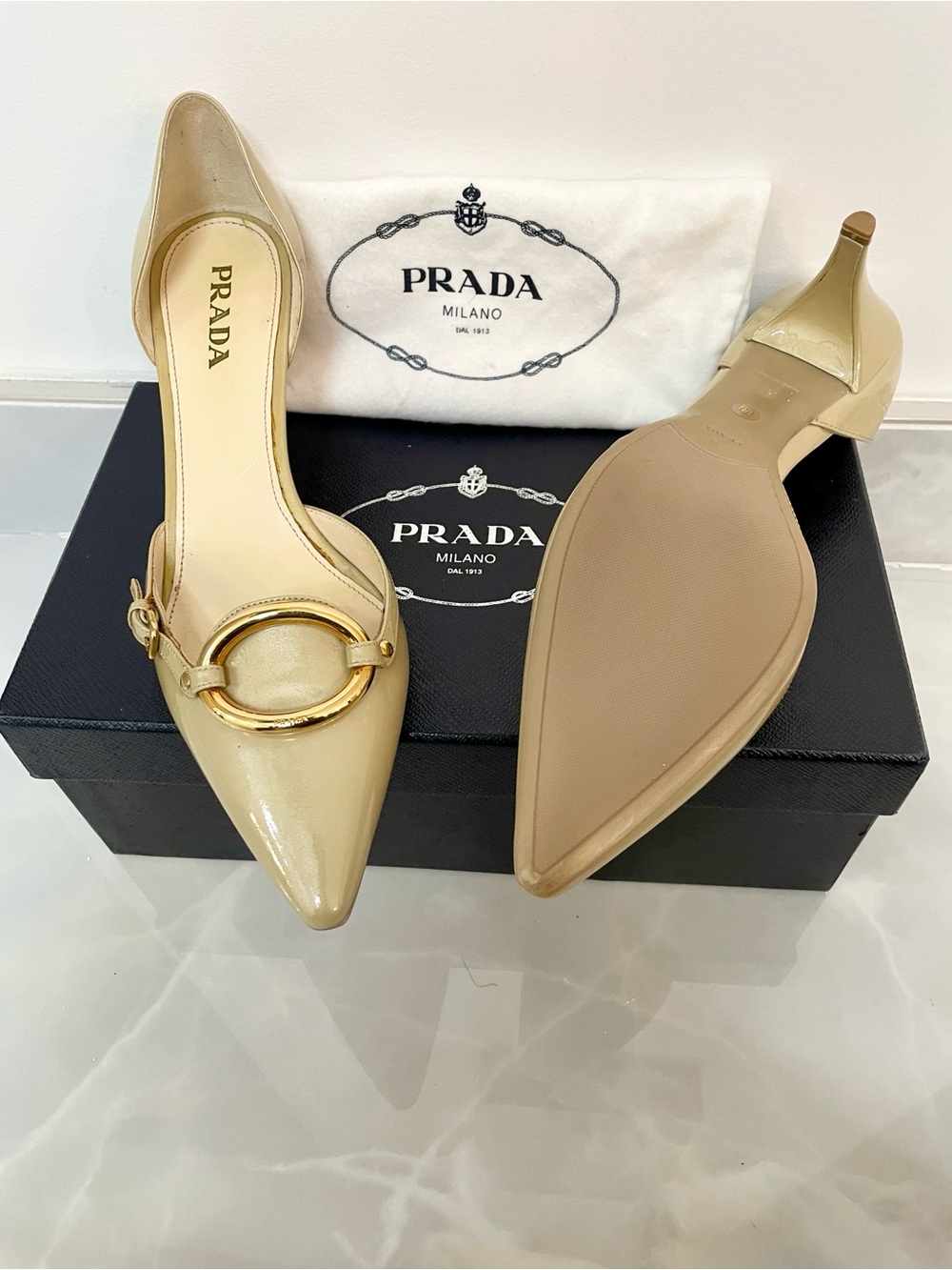 Prada Beige Patent Leather Pointed Toe Pumps with Gold Ring - Picture 3 of 5